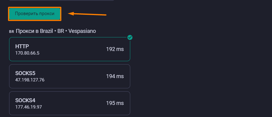 Результат проверки прокси с отображением скорости и IP-адреса